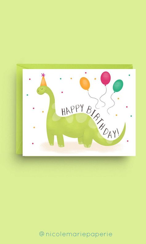 Dinosaur Birthday Card Measures 5.5" x 4.25" Includes size A2 green envelope Dinosaur Birthday Card, Happy Birthday Cupcakes, Dinosaur Cards, Watercolor Birthday Cards, Birthday Card Drawing, Birthday Cards For Boys, Watercolor Birthday, Birthday Kids, Paint Cards