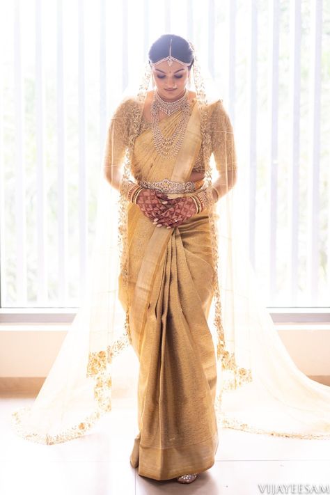 Bridal Saree With Dupatta, Saree With Dupatta, South Indian Bridal Saree, South Indian Bridal Look, Indian Bridal Look, Golden Saree, Telugu Brides, Bridal Look, South Indian Bride