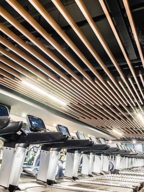 Gym Ceiling Design, Gym Ceiling, Suspended Ceiling Systems, Floating Ceiling, Boutique Gym, Acoustical Ceiling, Gym Design Interior, Ceiling Design Ideas, Wood Facade