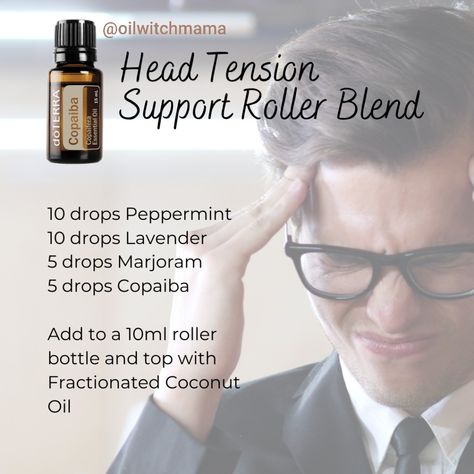 #copaiba #doterra #doterraoils #migraine #tensionheadache #healthandwellness #alternativemedicine Doterra Copaiba, Essential Oil Roller Bottle Blends, Massage Oil Blends, Essential Oil Roller Bottle Recipes, Copaiba Essential Oil, Roller Bottle Recipes, Roller Bottle Blends, Doterra Essential Oils Recipes, Essential Oils For Headaches