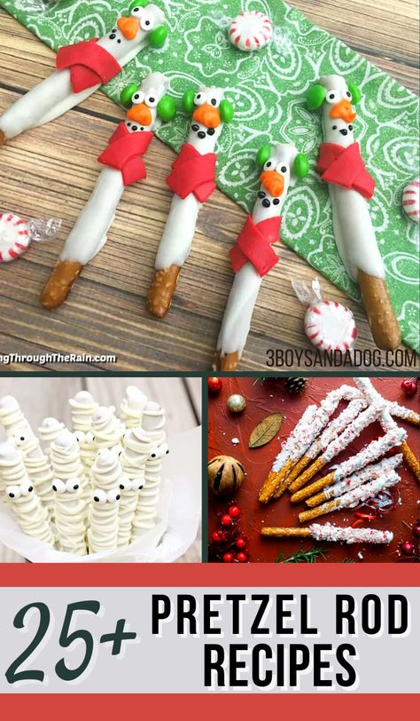 Making Chocolate Covered Pretzel Rods Recipes is one of the easiest desserts. All you do is melt, dip, and decorate! Peppermint Pretzel Rods, Snowman Desserts, Pretzel Snack Recipes, Edible Holiday Gifts, Covered Pretzel Rods, White Chocolate Covered Pretzels, Edible Christmas Gifts, Pretzel Treats, Chocolate Covered Pretzel