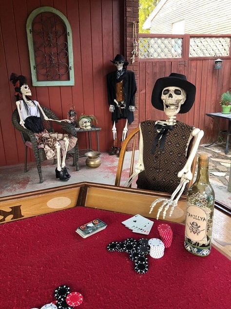 Saloon scene with skeletons for Deadwood Halloween. Saloon Decorations, Saloon Halloween Decor, Haunted Western Halloween, Old West Ghost Town Halloween, Spooky Western Decor, Haunted Saloon Halloween, Halloween Saloon Decor, Cowboy Halloween Decor, Old West Halloween