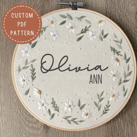 Daisy Custom Name Hoop Pattern, Embroidery PDF Pattern, Custom Embroidery Pattern, Birth Announcement, DIY Nursery Decor, Baby Embroidery - Etsy Embroidery Name Designs, Baby Embroidery Patterns, Baby Embroidery Hoop, Embroidery Baby Gifts, Baby Name Embroidery, Nursery Embroidery, Simple Hand Embroidery Patterns, Diy Baby Gifts, Name Embroidery