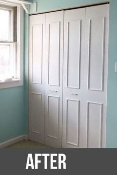 Wooden Closet Doors, Diy Closet Door Makeover, Faux Crown Molding, Easy Diy Closet, Diy Closet Door, Cozy Bedroom Diy, Revamp Wardrobe, Old Closet Doors, Bifold Doors Makeover