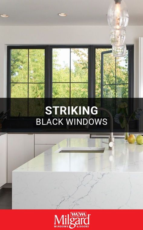 The new trend for kitchens features striking black windows. The sleek black frame complements a modern design. Featuring: Ultra™ Series fiberglass windows. See how this home with old-world charm got a contemporary new look. #kitchenwindowideas #blackwindowframes #trendinghomedecor #kitchenwindows Black Grid Windows Interior Design, Black Casement Windows Kitchen, Black Windows Farmhouse, Black Gridless Windows Exterior, Black Windows Interior Modern, Black Grid Windows, Black Anderson Windows, Black Double Hung Windows With Grids, Black Steel Windows