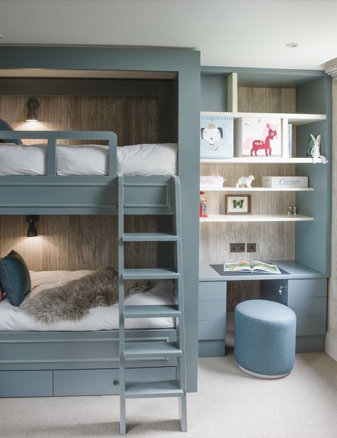 Scandinavian Built In Bunk Beds, Built In Bunks In Living Room, Bunk Bed Layout Ideas, Boys Built In Bunk Beds, Bespoke Bunk Beds, Gray Bunk Beds Room Ideas, Toddler Bunk Bed Ideas, Built In Bunk Beds With Storage, Boys Bunk Bedroom Ideas