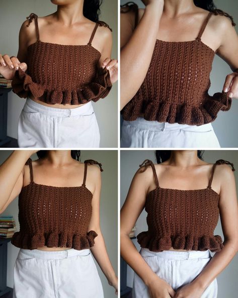 Crochet Spaghetti Strap Top Pattern, Crochet Croptop Aesthetic Outfit, Crochet Top Korean, Frilly Crochet Top, Milkmaid Top Crochet, Strap Top Pattern, Crochet Spaghetti, Fairycore Crochet Top, Crochet Sole