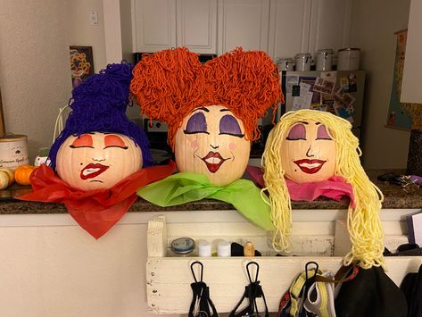 Hocus Pocus Decorated Pumpkins, Hocus Pocus Pumpkin Decorating Ideas, Sanderson Sisters Scarecrows, Sanderson Sisters Birthday Party, Painted Hocus Pocus Pumpkins, Hocus Pocus No Carve Pumpkin, Hocus Pocus Painted Pumpkin Ideas, Hocus Pocus Pumkin Decoration Ideas, Sanderson Sister Painted Pumpkins