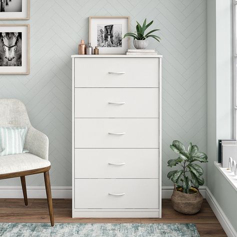 5 Drawer Storage, Contemporary Bedrooms, Dresser White, White Drawers, 5 Drawer Dresser, Bedroom Cabinets, White Dresser, Organized Living, 5 Drawer Chest