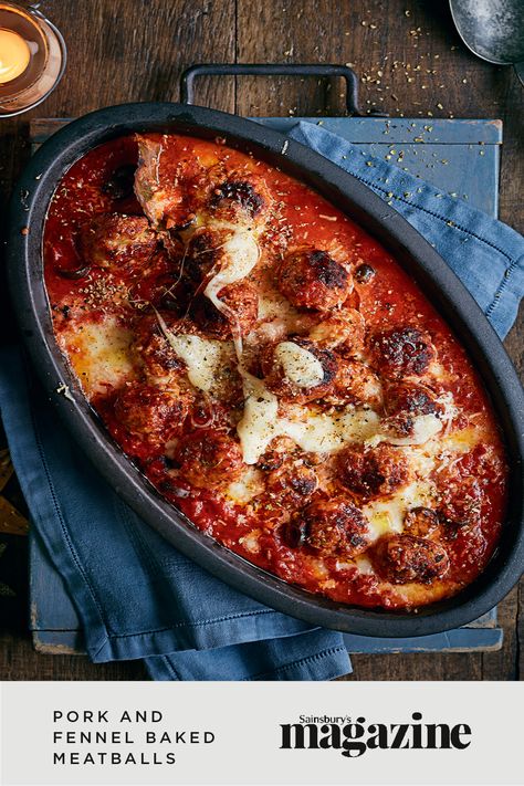 These flavour-packed baked meatballs are flavoured with fennel seeds and Parmesan cheese in a rich tomato and olive sauce. Serve with pasta or rice for the perfect comfort dinner. Get the Sainsbury's magazine recipe Potatoes And Meat, Pork Mince Recipes, Baked Meatball Recipe, Sainsburys Recipes, Olive Sauce, Baked Meatballs, Fennel Recipes, Meatball Bake, Mince Recipes