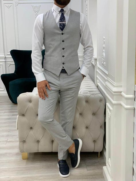 Patterned Suit, Vest And Pants, Light Grey Suits, Slim Fit Suit Men, Pants Gift, Lapel Jacket, Grey Vest, Plaid Suit, Slim Fit Suits