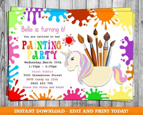 Pottery Party, Art Party Invitations, Diy Invitation, Painting Party, Unicorn Theme, Party Invitations Kids, Fun Craft, It's Your Birthday, Art Party