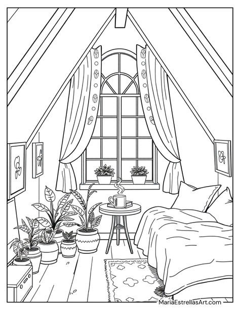 26 Cozy Coloring Pages (Free Printables) Comfy Cozy Coloring Pages, Cozy Coloring Pages Printable, Coloring Pages Room, Cozy Colouring, Interior Coloring Pages, Home Coloring Pages, Cozy Coloring Pages, Cozy Attic Bedroom, Interior Design Coloring Pages