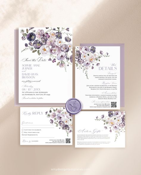 Purple Wedding Invitation Suite Template, QR Code Wedding Invitation Set, Violet Poppy Wedding Invite Save The Date Cards Printable E075 Purple Wedding Card, Bunny Wedding, Poppy Wedding, Purple Wedding Invitation, Qr Code Wedding, Invitations Template, Violet Wedding, Purple Wedding Invitations, Printable Invitation Templates