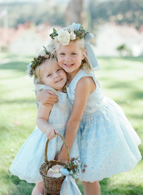 flower girls hugging Blue Flower Girl, Light Blue Bridesmaid Dresses, Light Blue Bridesmaid, Flower Girl Dresses Blue, Bridal Party Attire, Flower Girl Baskets, Girls Blue Dress, Wedding Color Inspiration, Light Blue Flowers