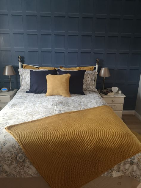 Navy Mustard Bedroom, Navy And Mustard Bedroom, Mustard And Grey Bedroom, Bookworm Bedroom, Ochre Bedroom, Mustard Bedroom, Small Room Layouts, Navy Bedrooms, Grey Accent Wall