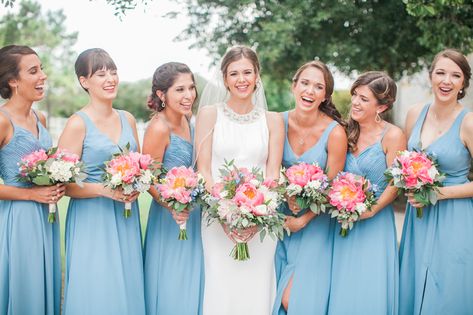 Blue Dress Pink Flowers, Light Blue Bridesmaid Dresses Pink Flowers, Blue Bridesmaid Dresses With Pink Flowers, Flowers For Blue Bridesmaid Dresses, Royal Purple Bridesmaid Dress, Country Wedding Colors, Hunter Green Bridesmaid Dress, Bright Pink Wedding, Blue Groomsmen