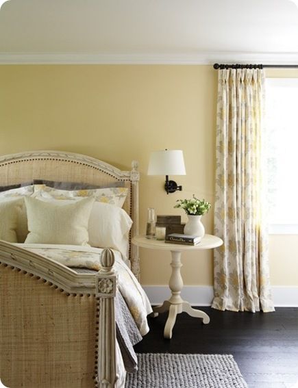 .If I should ever have to choose just one color to paint through my whole house, I think it would be this creamy yellow or is the a yellowy creme.  I love how warm and wonderful it makes a person feel. Yellow Bedrooms, Yellow Bedroom Walls, Light Walls, Yellow Room, Bedroom Curtains, Gray Paint, Bedroom Wall Colors, Yellow Bedroom, Country Bedroom