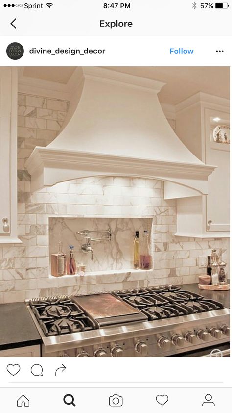 White Hood Ranges Kitchen, Decorative Kitchen Hoods, Gas Stove Hood Ideas, Hood Over Stove Ideas, Kitchen Bell Hood, Kitchen Stove Hoods Ideas French Country, Kitchen Hood Design Ideas, Stone Hoods In Kitchen, Statement Range Hood