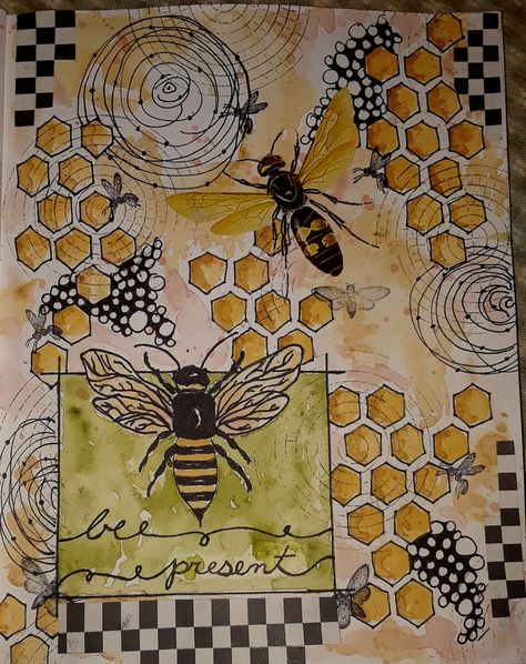 Bee Collage Mixed Media, Bee Journal, Bee Artwork, Whimsical Art Paintings, Learn Watercolor Painting, Gcse Art Sketchbook, A Level Art Sketchbook, Art Lessons Middle School, Bee Painting