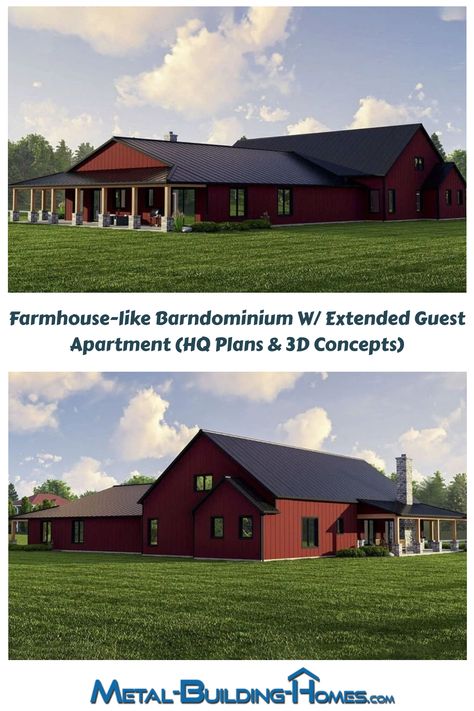 Explore the unique concept of a barndominium showcasing two distinct yet interconnected living spaces. Step inside this inclusive setup where two private homes are seamlessly connected, offering a charming and functional living arrangement. Experience the versatility and appeal of this creative design that blends separate dwellings into one cohesive living space. Discover the beauty and practicality of this barndominium layout that provides not only ample space but also a sense of togetherness w Multi Level Barndominium, Barnodium Floor Plans, One Level Barndominium Ideas, Barndominium Layout, Detached Office, Farmhouse Architecture, 3d Concept, Property Design, Hip Roof