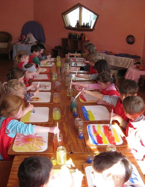 Kindergarden students painting at Orana Steiner School in Canberra, Australia Waldorf Architecture, Painting Room Tips, Waldorf Painting, Bathroom Paintings, Waldorf Preschool, Interior Painting Ideas, Waldorf Homeschooling, Living Room Paintings, Waldorf Kindergarten