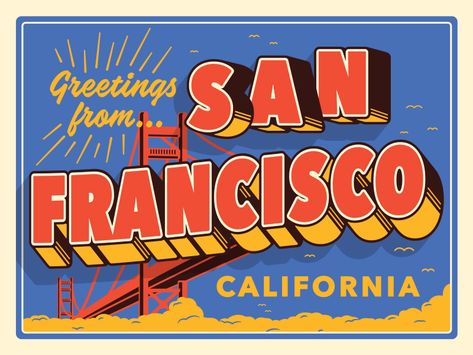 Greetings SF by Scott Biersack | Dribbble Postcards Inspiration, Retro Graphic Design, Postal Vintage, Postcard Design, Vintage Postcard, Post Cards, 로고 디자인, Graphic Design Posters, Vintage Postcards