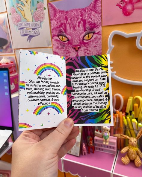 i made these cute lil mini zines about who i am & what i do & where to find my work to hand out at an artists networking event ✨🌈 if you want to commission something like this from me, lmk 😘 what do you think? 🥰 #colorful #rainbow #artistsofinstagram #artistsoninstagram #ithacany #disabledartist #queerartist #cute #zines #minizine The Best Revenge, Content Curation, Pep Talks, Networking Event, Colorful Rainbow, You Think, Thinking Of You, Affirmations, Encouragement