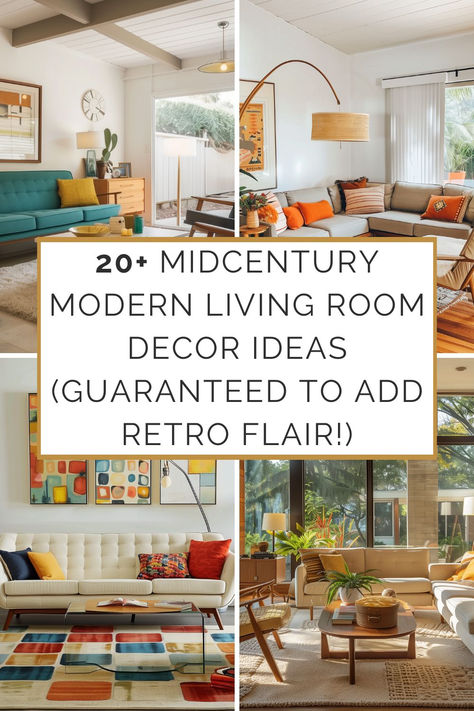 Collage of midcentury modern living room designs featuring a turquoise sofa, a neutral-toned living space with a woven arc lamp, and a colorful area rug with matching wall art, exemplifying stylish and iconic midcentury decor ideas. Retro Style Homes Interior Design, 60s Inspired Living Room, Modern 50s Home, 1950s Decor Interior Design, Retro Aesthetic Living Rooms, Retro Living Room Aesthetic, Mcm Decorating Ideas, Mid Century Modern Living Room Color, Retro Home Aesthetic