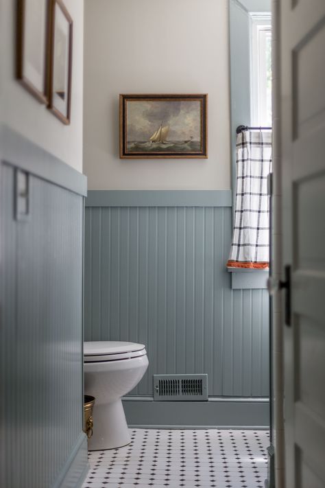 Bathroom With Molding Wainscoting, Bathroom Painted Beadboard, Bathroom With Beadboard Ceiling, Small Beadboard Bathroom, Bathroom Remodel With Beadboard, Painted Beadboard Walls Bathroom, Dusty Blue Wainscoting, Painted Trim Bathroom, Historic Home Bathroom Remodel