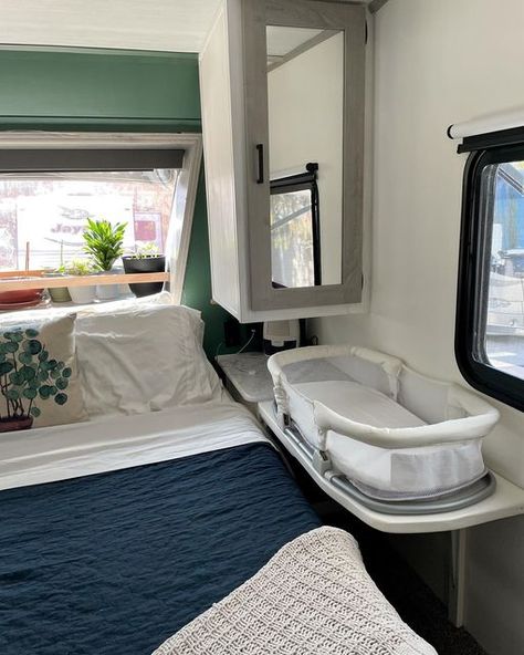 Nursery Ideas In A Camper, Caravan Bedding Ideas, Trailer Living With Newborn, Tiny Home With Newborn, Camping With Newborn In Camper, Fifth Wheel Nursery, Camper Living With Newborn, Rv Over Cab Bed Ideas, Nursery In A Camper