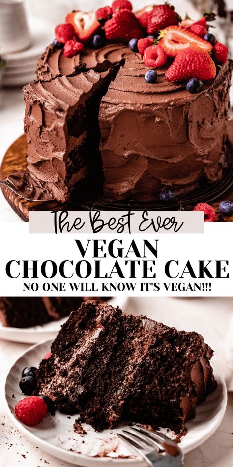 This is the BEST vegan chocolate cake you've ever had...maybe even the best chocolate cake, vegan or not! Super rich, moist, and topped with the most decadent chocolate buttercream for the perfect chocolate lovers cake! You won't believe this cake is dairy free, eggless, refined sugar free, and vegan! #vegan #chocolatecake #glutenfree #vegandesserts Best Vegan Chocolate Cake, Vegan Chocolate Ganache, Banana Diaries, Vegan Chocolate Cake Recipe, Eggless Cakes, Vegan Birthday Cake, Muffins Easy, Gluten Free Chocolate Cake, Dairy Free Cake