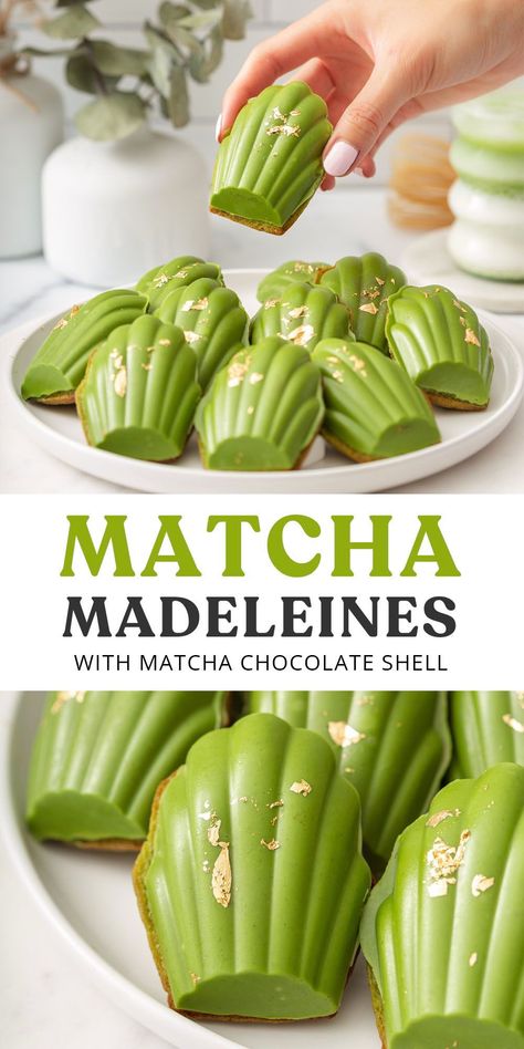 Matcha Madeleines, Matcha Food, Matcha Dessert Recipes, White Chocolate Glaze, Matcha Baking, Matcha Green Tea Recipes, Matcha White Chocolate, Butter Cakes, Madeleine Recipe