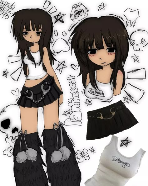 Y2k Anime Outfits, Art Outfits Drawing Y2k, Drawings Ideas Y2k, Scene Outfits Drawing, Kuromi Drawing Human, Y2k Outfits Drawing, Emo Girl Art, Emo Girl Drawing, Easy Pencil Drawing