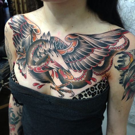 Jncsjncs Traditional Chest Tattoo Female, American Traditional Chest Tattoo, Traditional Chest Tattoo, Traditional Chest, Chest Tattoo Female, Tattoo Female, Chest Tattoos For Women, Eagle Tattoos, Chest Piece Tattoos