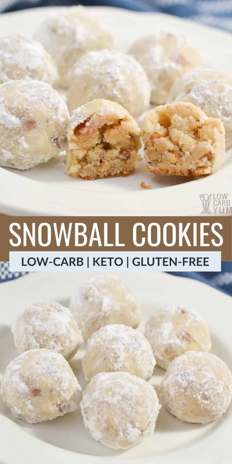 With only 1g net carbs in each cookie, these keto snowball cookies are the perfect addition to Christmas cookie platters. They are sweet, delicious, and have the same texture as traditional snowball cookies! Snowball Cookie, Dolce Poche Calorie, Sugar Free Desserts Easy, Pecan Snowball Cookies, Snowball Cookie Recipe, Keto Christmas Cookies, Keto Cookie Recipes, Cookie Platter, Desserts Keto