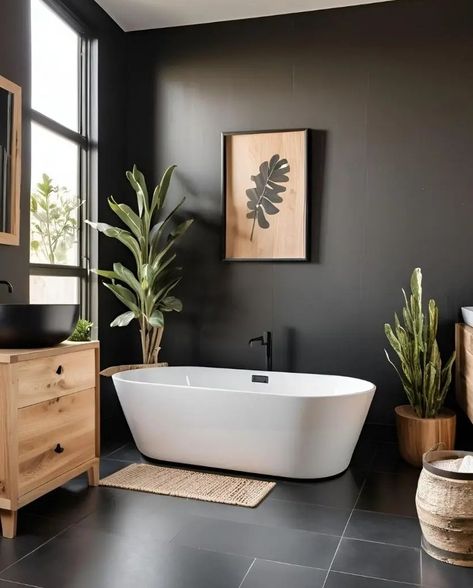 Black Powder Room, Scandi Bathroom, Remodel House, Bathroom With Tub, White Tub, Wood Bath, Primary Bathroom, Black And White Interior, Bathroom Remodel Designs