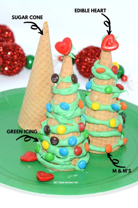 Edible Desserts, Christmas Tree Ice Cream, Green Frosting, Christmas Food Crafts, Christmas Cones, Sugar Cones, Edible Crafts, Youngest Daughter, Kids Christmas Party