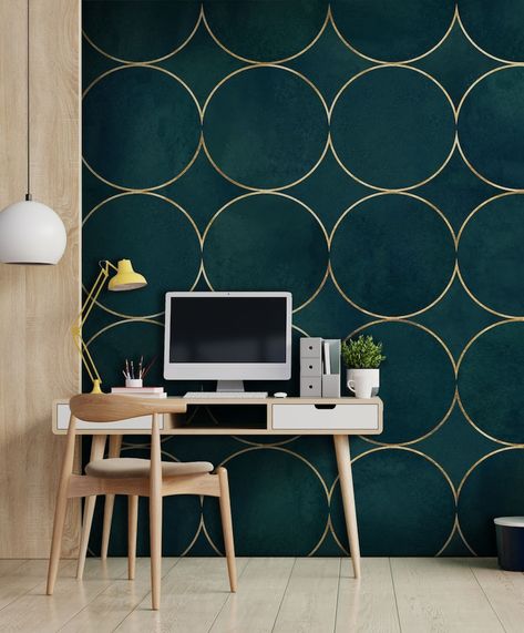 Abstract watercolor wallpaper with dark teal green color | Etsy Fun Bathroom Wallpaper Mid Century, Teal Bedroom Wallpaper, Petrol Green Bedroom, Dark Turquoise Accent Wall, Teal And Gold Office, Dark Color Bathroom Ideas, Dark Teal Bathroom, Half Wall Decor, Turquoise Accent Wall