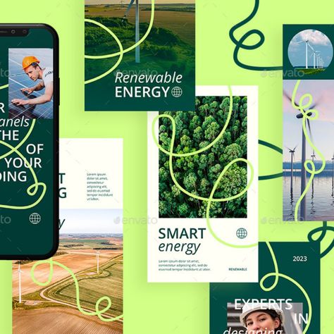 Renewable Energy - Social Media Templates Green Social Media Template, Green Energy Branding, Renewable Energy Branding, Scientific Branding, Corporate Social Media Design, Energy Advertising, Eco Aesthetic, Energy Branding, Renewable Energy Design