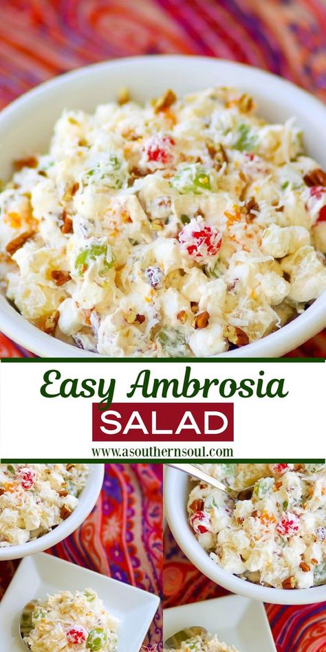 Ambrosia Salad is a classic recipe that’s hard to resist. Made with pineapple, cherries, oranges, coconut, pecans, and grapes all wrapped up in fresh whipped cream and marshmallows, is a fruit salad that dreams are made of! Easy Ambrosia Salad, Ambrosia Fruit Salad, Fresh Whipped Cream, Salads For A Crowd, Fruit Salad Easy, Ambrosia Salad, Fruit Salad Recipes, Bread Recipes Sweet, A Fruit