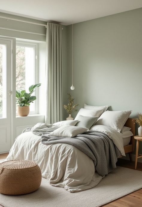 Sage Green Farmhouse Bedroom Neutral Green Bedroom Aesthetic, Pale Green Bedroom Ideas, Sage Walls Bedroom, Light Green Bedroom Aesthetic, Sage And Pink Bedroom, Pale Green Bedrooms, Sage Green Farmhouse Bedroom, Green Farmhouse Bedroom, Farmhouse Bedroom Inspirations