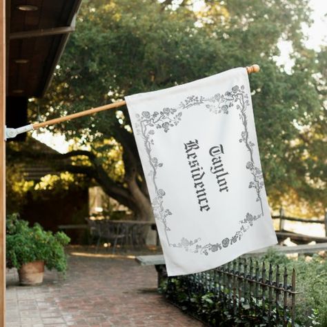 Family Residence Floral Frame Customizable House Flag | Zazzle.com Welcome House, Happily Ever After Wedding, Ever After Wedding, Faith Is The Substance, Black Typography, Happy Graduation, Floral Frame, House Flag, Evening Wedding