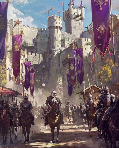 Festival Fantasy Art, Dnd Festival, Medieval Art Illustration, Medieval Castle Art, Medieval Keep, Futuristic Medieval, Parade Illustration, Fantasy Banner, Rpg City