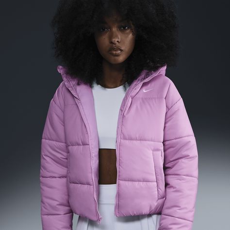 Nike Sportswear Classic Puffer Women's Therma-FIT Loose Hooded Jacket Hot Pink Winter Coat, Pink North Face Puffer, Aaliyah Core, Nike Puffer Jacket, Fire Shoes, Nike Coat, Winter Arc, North Face Puffer Jacket, Black And White Nikes