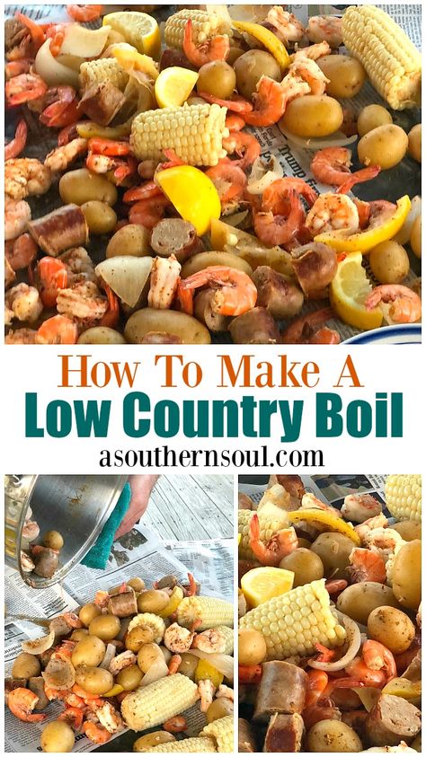 One big pot, fresh seafood and a few other simple ingredients is all you need for one of the south’s favorite meals. This easy to make one pot meal is full of amazing flavors from herbs, spices and sausage combined with summer corn, onions and potatoes makes a low country boil a favorite of everyone around the table. It's a great way to feed a crowd when your're hosting a party. #lowcountryboil #partyfood #onepotmeal #easyrecipe #seafoodboil #shrimp Low Country Boil Recipe, Seafood Boil Party, Shrimp Boil Recipe, A Southern Soul, Country Boil, Low Country Boil, Seafood Boil Recipes, Boiled Food, One Pot Meal