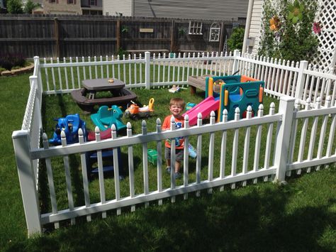 Picket Fence Play Area, Fenced Play Area Backyard, Fenced In Play Area For Kids, Fenced In Play Area, Outside Play Area For Kids, Daycare Backyard, Toddler Play Yard, Play Area Outside, Kids Play Yard