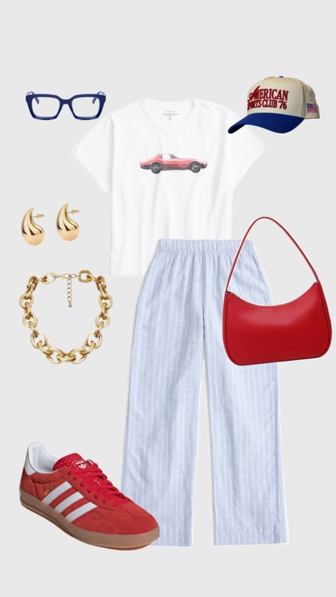 Step back in time with this vintage-inspired outfit featuring a classic white T-shirt adorned with a cool old vintage car graphic paired with stylish striped blue and white linen pants. Complement the ensemble with vibrant red Adidas sneakers, a matching red purse, a quirky blue, white, and red vintage trucker hat for added flair, and gold accessories for a touch of sophistication. Complete the look with trendy blue-rimmed glasses for that perfect retro vibe. Ideal for strolling in the city or enjoying a summer festival!🌟🚗🕶️#VintageFashion #SummerStreetStyle #RetroVibes Blue And White Striped Pants Outfit, Blue Striped Pants Outfit, Stripped Pants Outfit, Red Adidas Sneakers, White Striped Pants Outfit, Striped Pants Outfit, Blue And White Striped Pants, Vintage Car Graphic, Summer Street Style