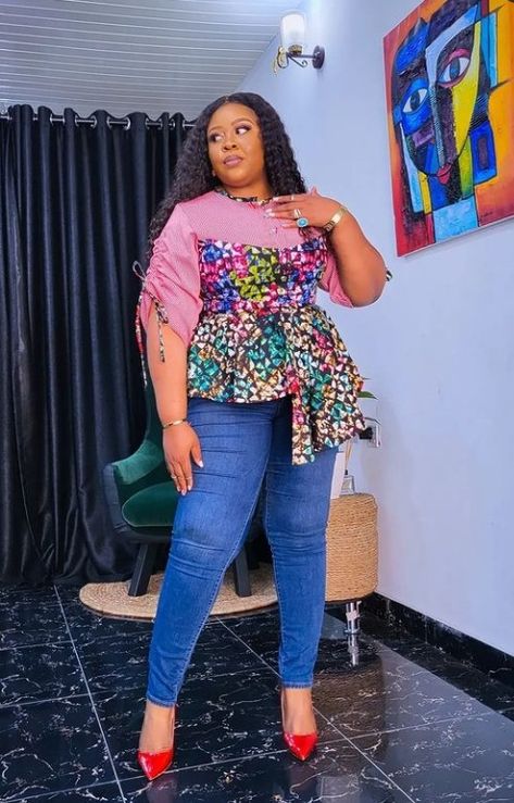 Peplon Tops Ankara, Ankara Peplum Top And Trouser, Peplum Top And Trouser, Tops On Jeans, Peplum Ankara Top, Ankara Tops With Jeans, Female Senator Wears, Peplum Ankara, Ankara Peplum Tops