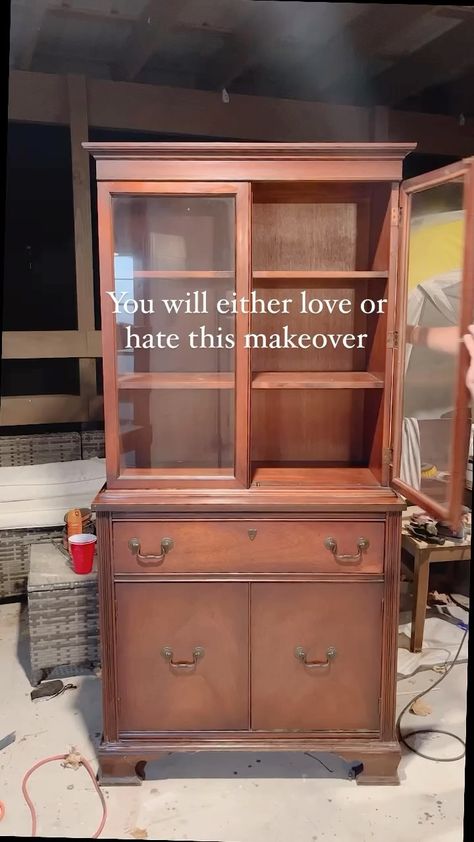 Michelle McRae | “Shelly” Your DIY BFF | DETAILS 👇🏽 This vintage china cabinet was an estate sale find. It was beautiful, but it was dated. After stripping the wood, a paint wash… | Instagram Corner China Cabinet Makeover, Refinished China Cabinet, Mid Century Modern China Cabinet, Repurposed China Cabinet, China Hutch Makeover, Vintage China Cabinet, China Cabinet Redo, Repurposed China, China Cabinet Makeover